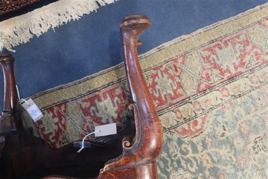 An early 18th century red walnut stool, W.1ft 6in. D.1ft 2in. H.1ft 4in.